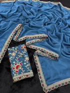 Crepe Solid Saree for Women, Blue 