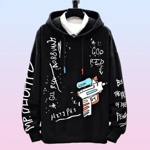 Fleece Printed Hoodie for Men (Black, L)