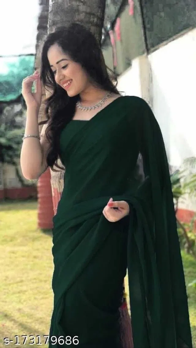 Georgette Solid Saree for Women (Bottle Green, 6.3 m)