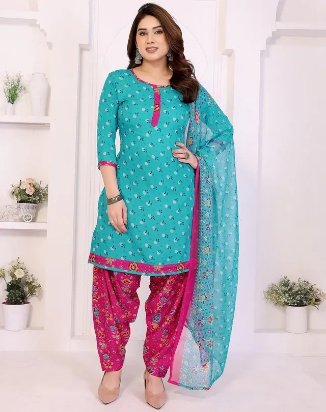 Crepe Floral Punjabi Suits for Women (Blue, Blue)