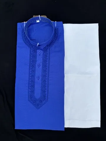 Cotton Full Sleeves Embroidered Kurta Set for Men (Royal Blue & White, L)