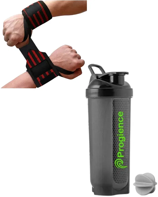 Gym Combo: Wrist Support Wraps & Shaker Bottle Set