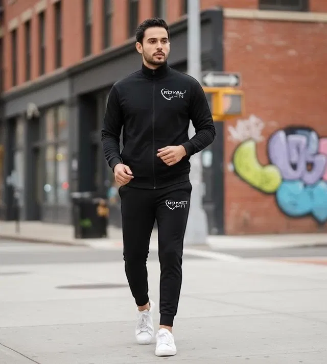 Polyester Printed Tracksuit for Men, Black (S)