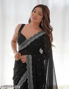 Cotton Silk Embroidered Saree For Women, Black