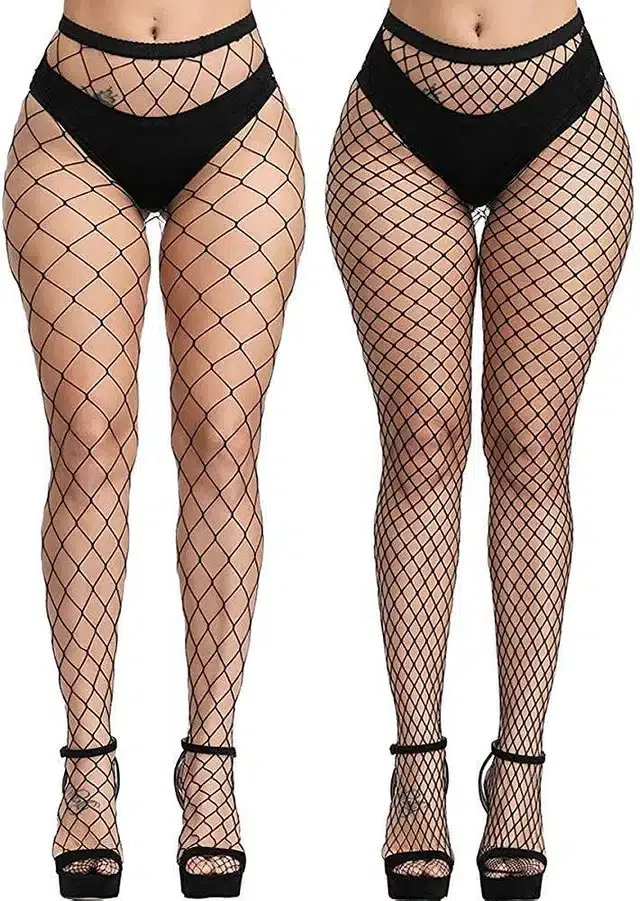Nylon Spandex High Waist Fishnet Pantyhose for Women (Black, Pack of 2)
