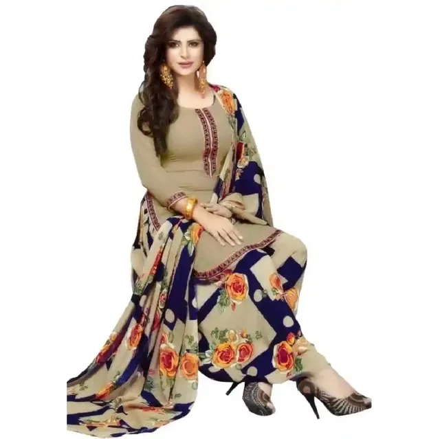 Crepe Floral Print Unstitched Suits Fabric for Women (Beige & Blue)