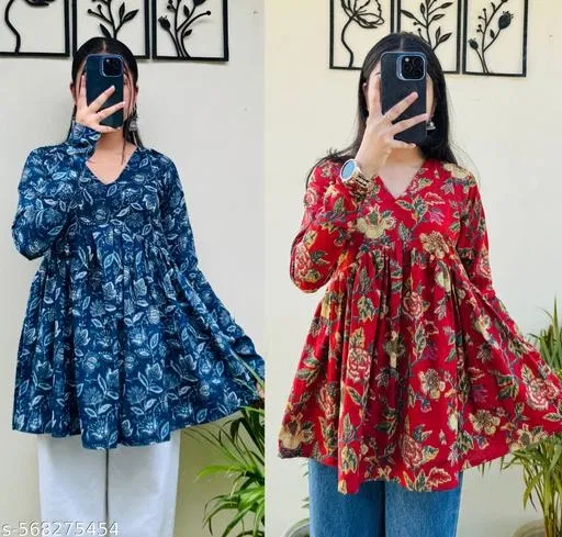Floral Cotton Short Kurti for Women, Pack of 2 (Blue, M)