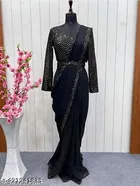 Georgette Saree for Women, Black 