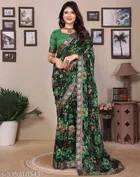 Georgette Printed Saree for Women, Green 