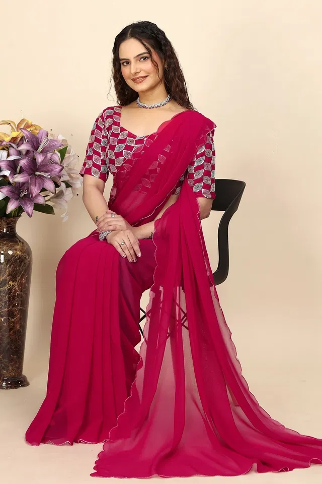 Georgette Woven Design Saree for Women (Red, 6.3 m)