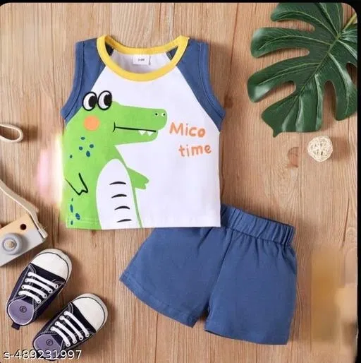 Hosiery Cotton Printed Clothing Set for Kids, Blue (9-12 Months)
