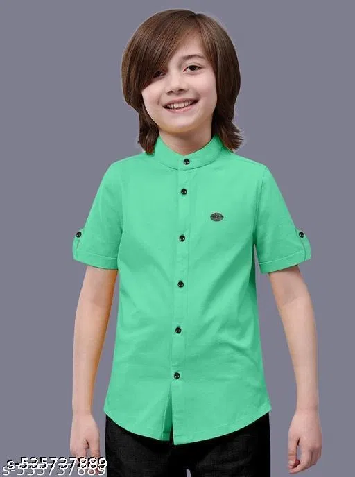 Solid Cotton Blend Mandarin Neck Short Sleeves Shirt for Boys (Green, 12-13 Years)