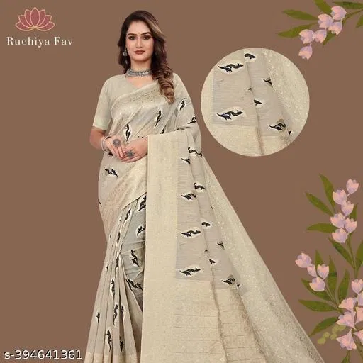 Cotton Linen Zari Woven Saree for Women (Beige, 6.3 m)