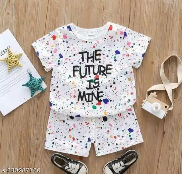 Silk Blend Half Sleeves T-Shirt with Pant Clothing Set for Kids (White, 1-2 Years)