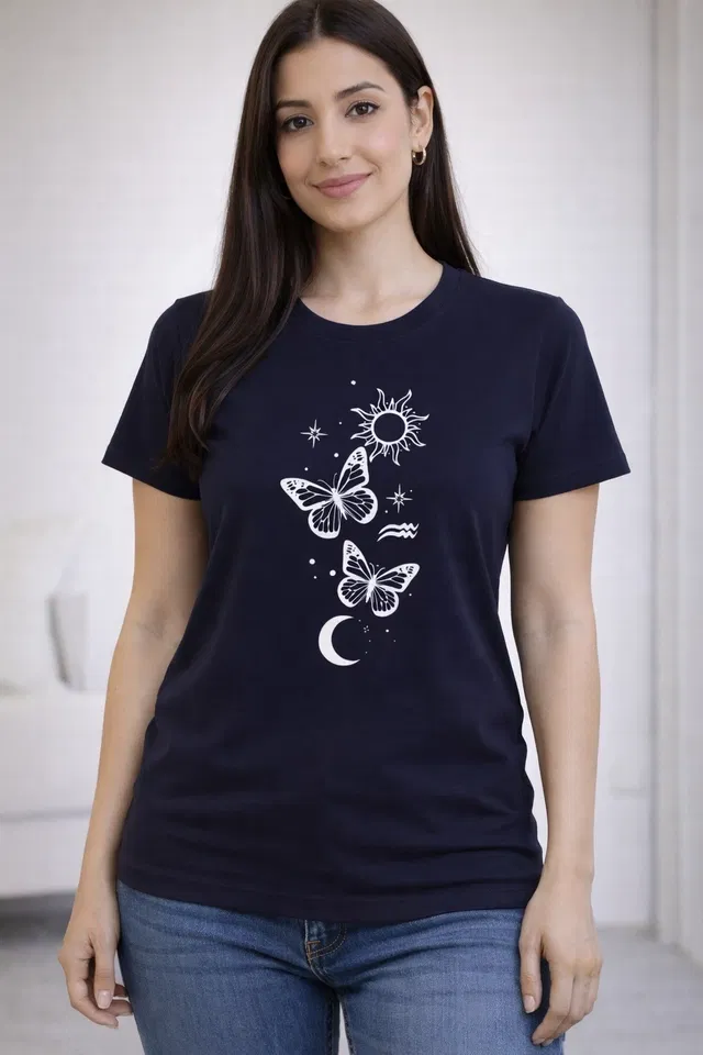 Cotton Blend Printed T-shirt for Men, Navy Blue (S)