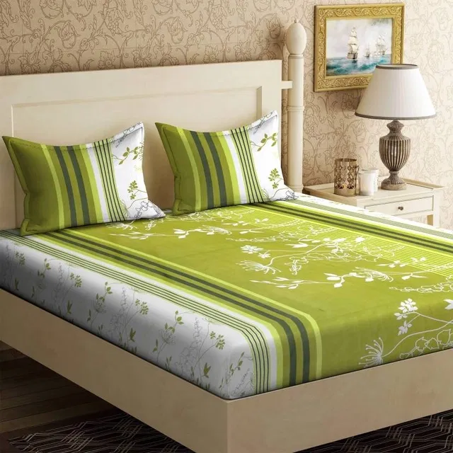 Fitted Double Bedsheet With 2 Pillow Covers Polycotton Cotton (88 X 90, Green Floral)