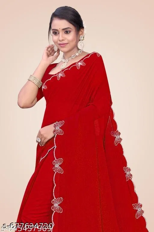 Georgette Solid Saree For Women, Red