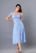 Poly Crepe Dress for Women (Sky Blue, S)