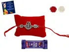 Metal Rakhi with Greeting card, Roli & Chocolate 