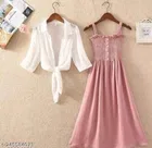 Poly Crepe Dress for Women (Pink & White, XL)