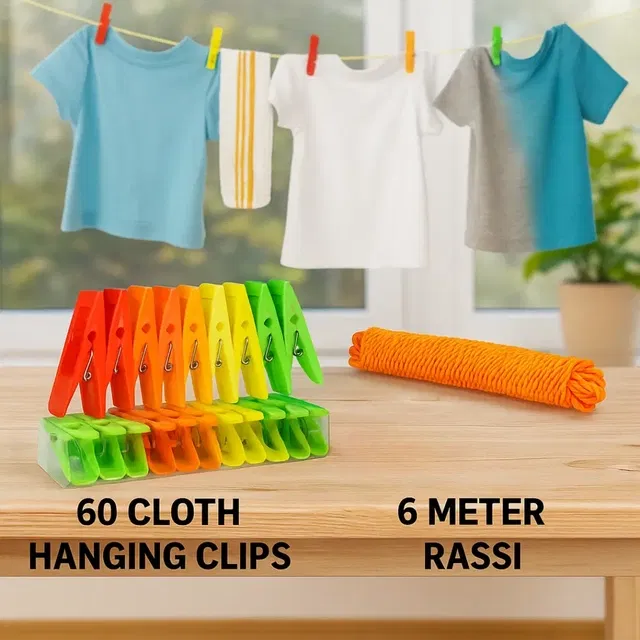premium Cloth Hanging Clips Pack of 60 with 6 meter Rassi (Set of 2) Multicolor