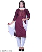 Rayon Embroidered Kurta with Pant & Dupatta for Women (Wine & White, M)