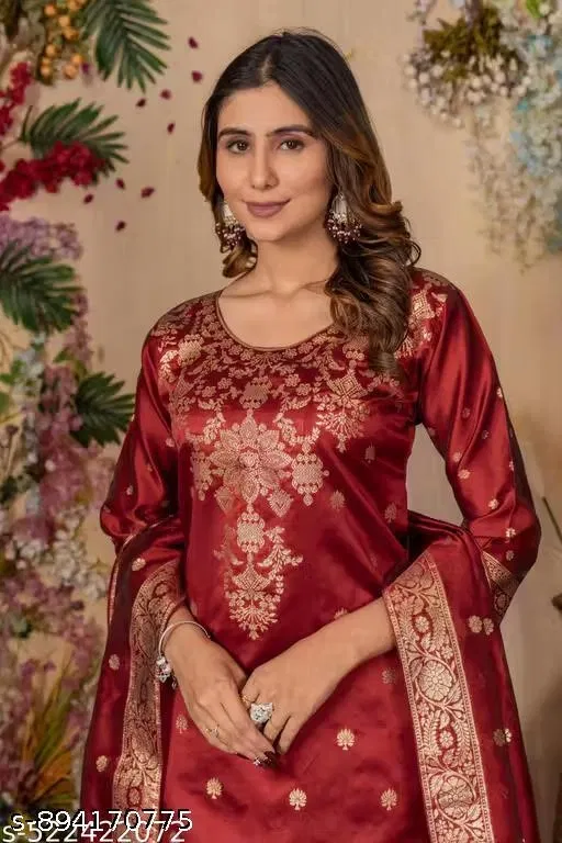 Banarasi Silk Kurta Set for Women, Pack of 3 (Maroon, XXXL)