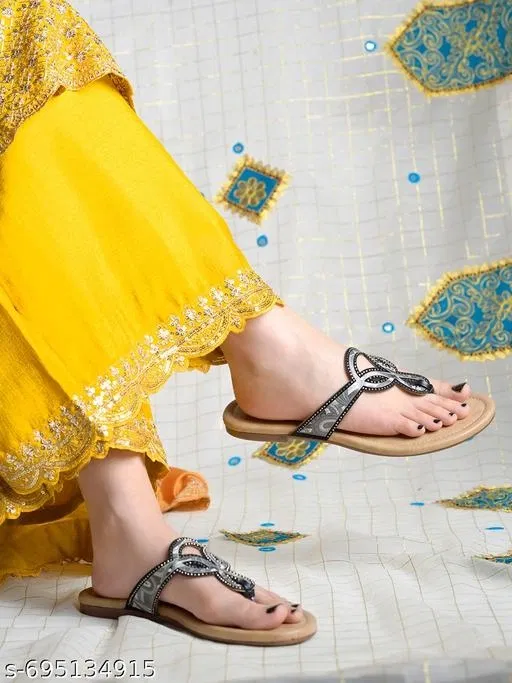 Embellished Flat Sandals for Women (Beige, IND-7)