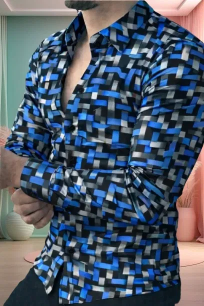 Printed Casual Shirts for Men (Blue, L)