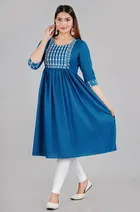 Rayon Printed Anarkali Kurti for Women (Blue, S)
