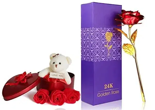 Plastic Artificial Rose & Heart Shape Box with Teddy Bear (Multicolor, Set of 3)