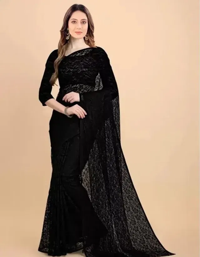 Net Floral Saree for Women (Black, 6.3 m)