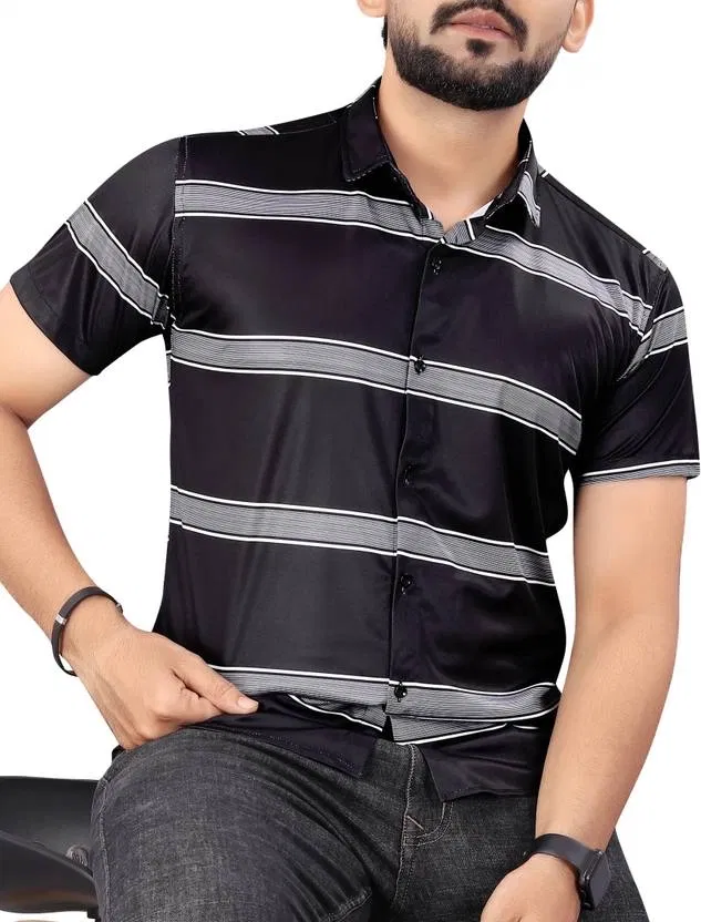 Half Sleeves Striped Shirt for Men (Black, XL)