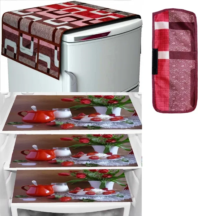 PVC Fridge Top Cover with 6 Utility Pockets & Handle Cover with 3 Pcs Shelf Mats (Multicolor, Set of 1)
