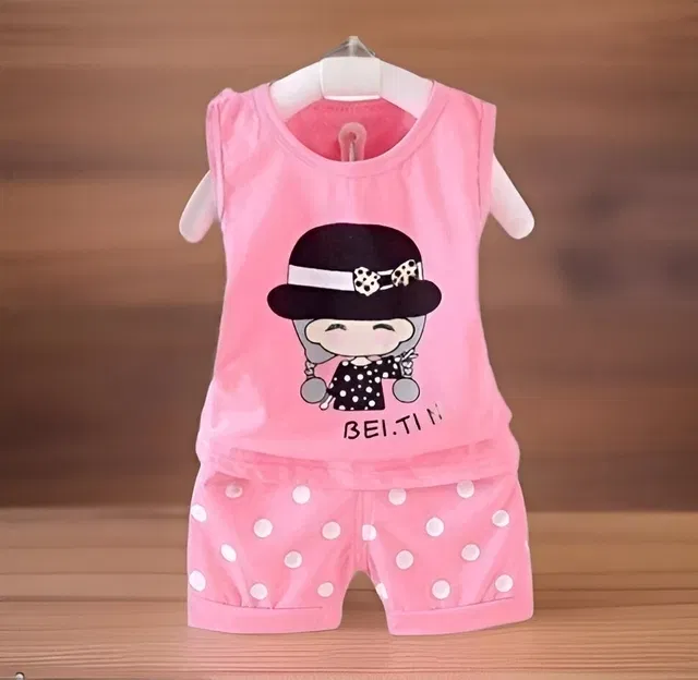 Cotton Blend Printed Clothings Set for Girls, (Pink, 4-5 Years)