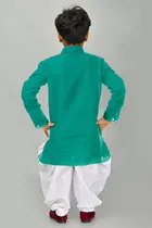 Cotton Blend Embroidery Kurta with Dhoti for Boys, Teal & White 