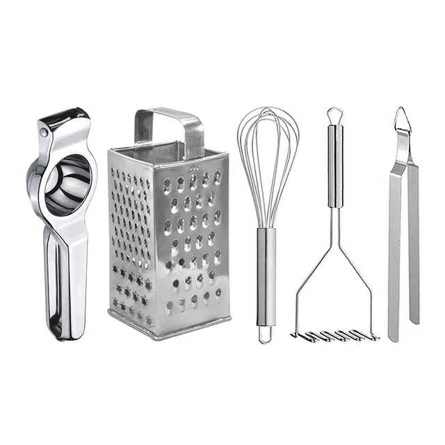 Oc9 Stainless Steel Lemon Squeezer & 4 in 1 Grater Or Slicer & Egg Whisk & Potato Masher & Roti Chimta Kitchen Tool Set (O-141)