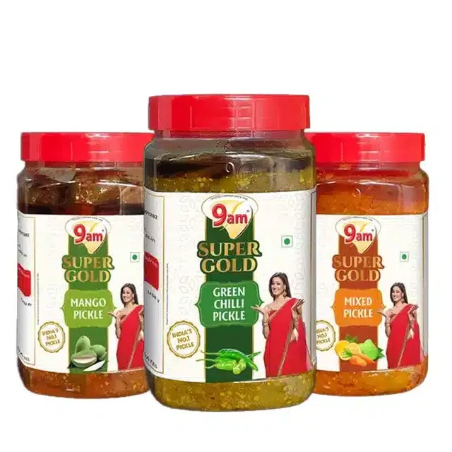 9 Am सुपर गोल्ड (ग्रीन चिल्ली पिकल + मैंगो पिकल + मिक्स्ड पिकल) 3X900 g