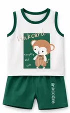 Teddy Bear Print Cotton Clothing Set for Kids ,Green & White 