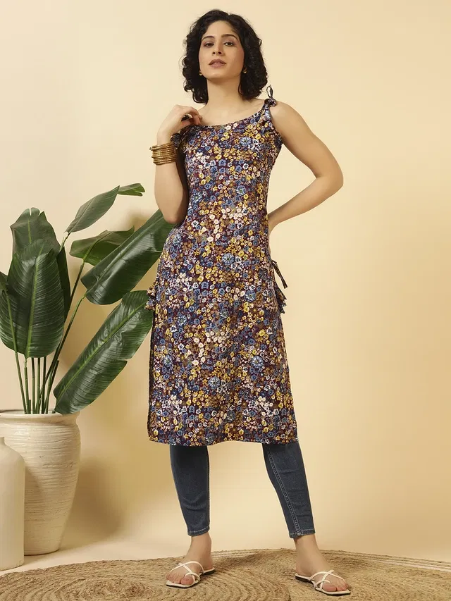 Summer Tie Up Poly Crepe Kurti for Women (Multicolor, XXL)