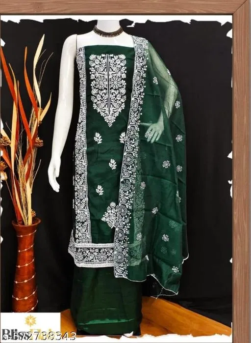 Embroidered Floral Patiala Suits for Women (Green, Un Stitched)