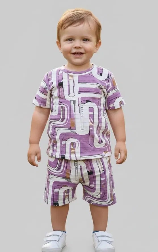 Cotton Blend Geometric Clothing Set for Boys, Purple (1-2 years)