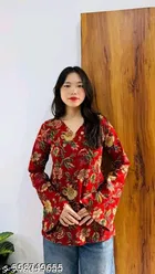 Cotton Printed Short Kurti for Women, Red 