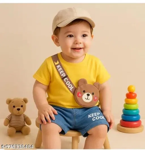 Hosiery Cotton & Denim Printed Clothing Set for Kids, Yellow & Blue (2-3 Years)