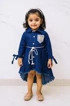 Denim Printed Frock  For Girls, Pink 