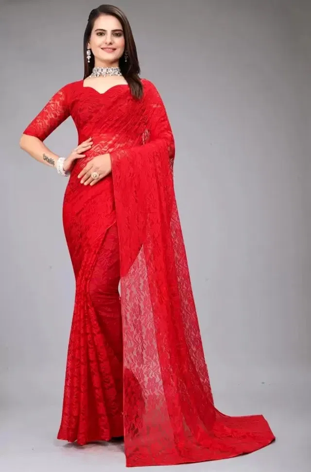 Net Floral Saree for Women (Red, 6.3 m)