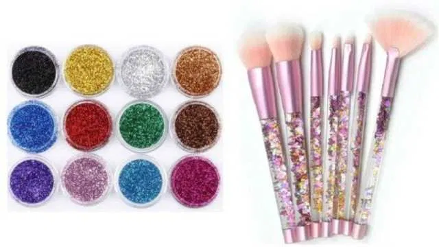 Lenon Eye Shadow Glitter Powder Set of 12 with Water Glitter Handle Brush set of 7 (Pack of 19) (S-87)