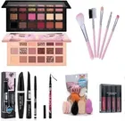 Combo of Eyeshadow Palette with 5 Pcs Makeup Brushes, 6 Pcs Blenders, 3-in-1 Mascara-Kajal-Eyeliner, 4 Pcs The Red Edition Matte Lipsticks & 36H Waterproof Eyeliner (Multicolor, Set of 6)