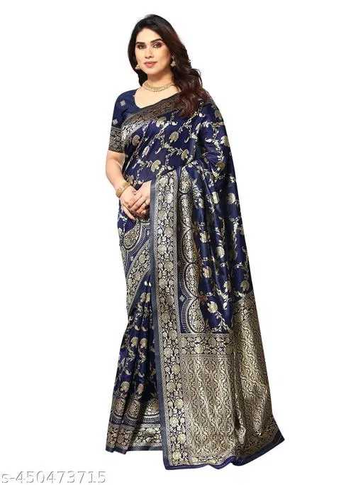 Kanjivaram Banarasi Jacquard Silk Saree for Women (Navy Blue)