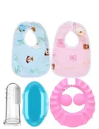 Finger Brush with Aprons & Bath Cap for Kids (Multicolor, Pack of 4)